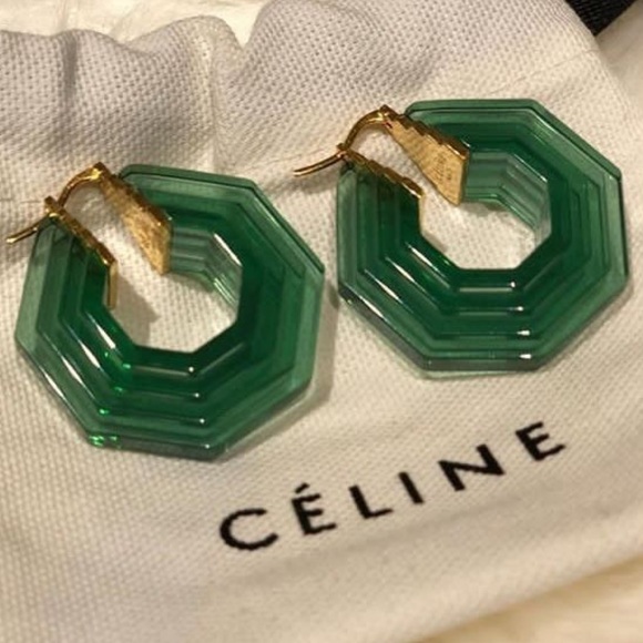 Celine Jewelry - Celine Art Deco Green Lucite & Gold Hoop Earrings